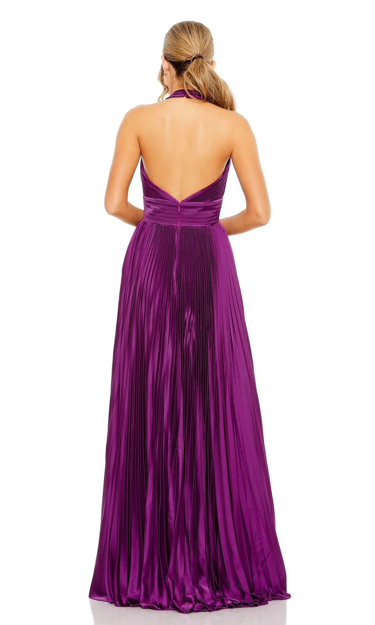A woman with tied-back hair is seen from behind in the Long Formal Dress 11636 by Mac Duggal, a floor-length pleated purple halter gown with an elegant v-neckline and open back.